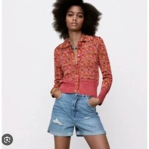 Zara Womens Jacquard Knit Cactus Floral Cardigan Red Pink Collared Sweater Small